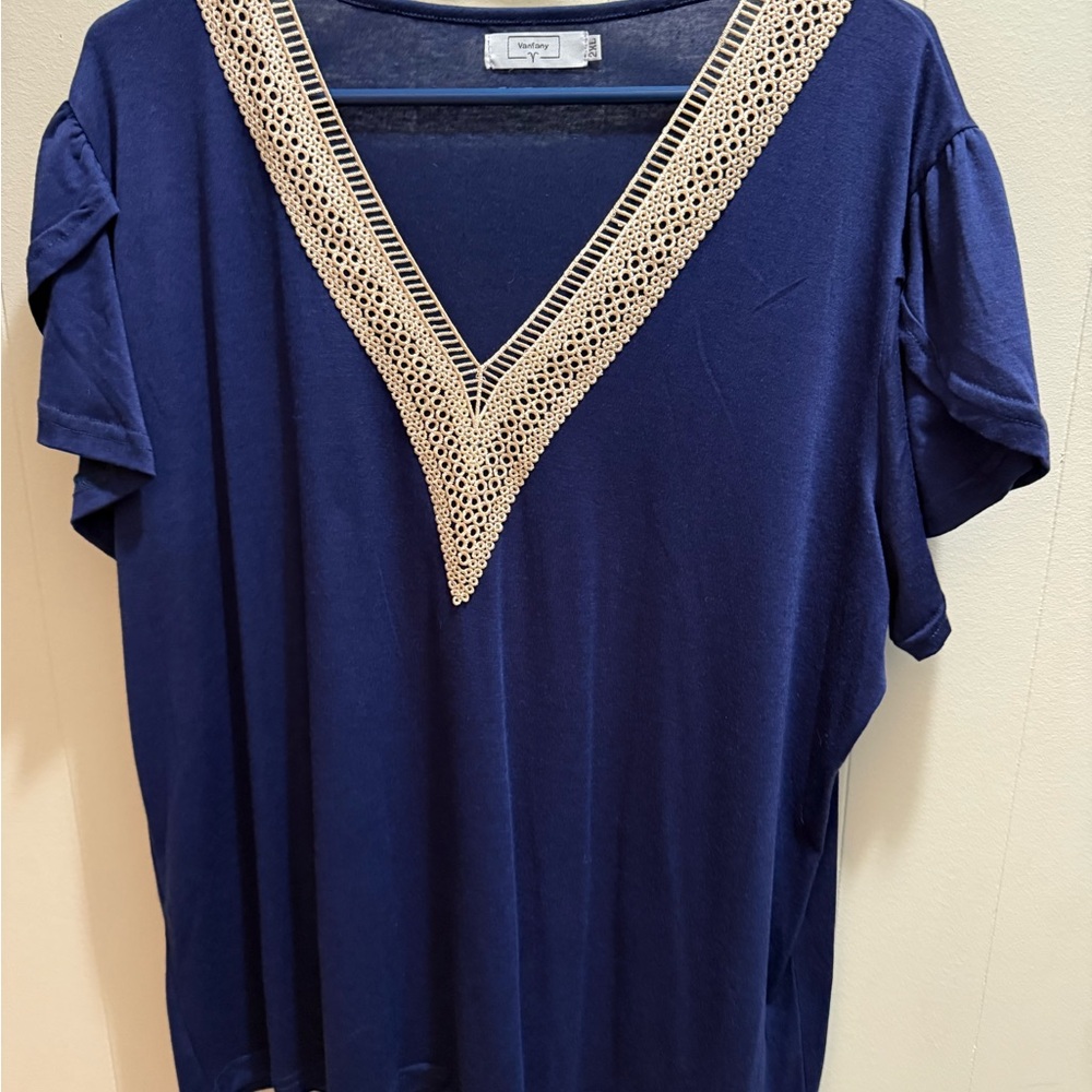 Sonoma Deep Blue Blouse with Cream Lace Detail
